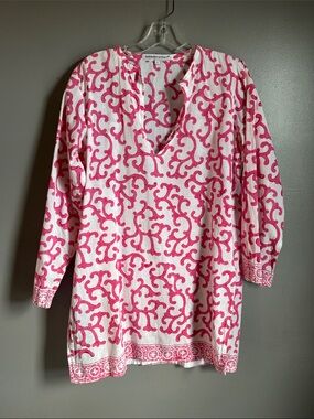Barbara Gerwit pink scroll 100% cotton tunic top * sz L *